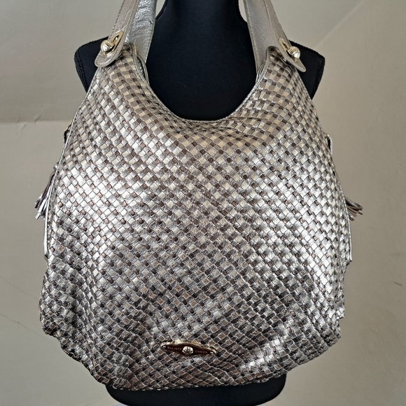 Elliott Lucca Hobo Bag Metallic Gold & Silver Braided Leather Purse - Picture 2 of 14